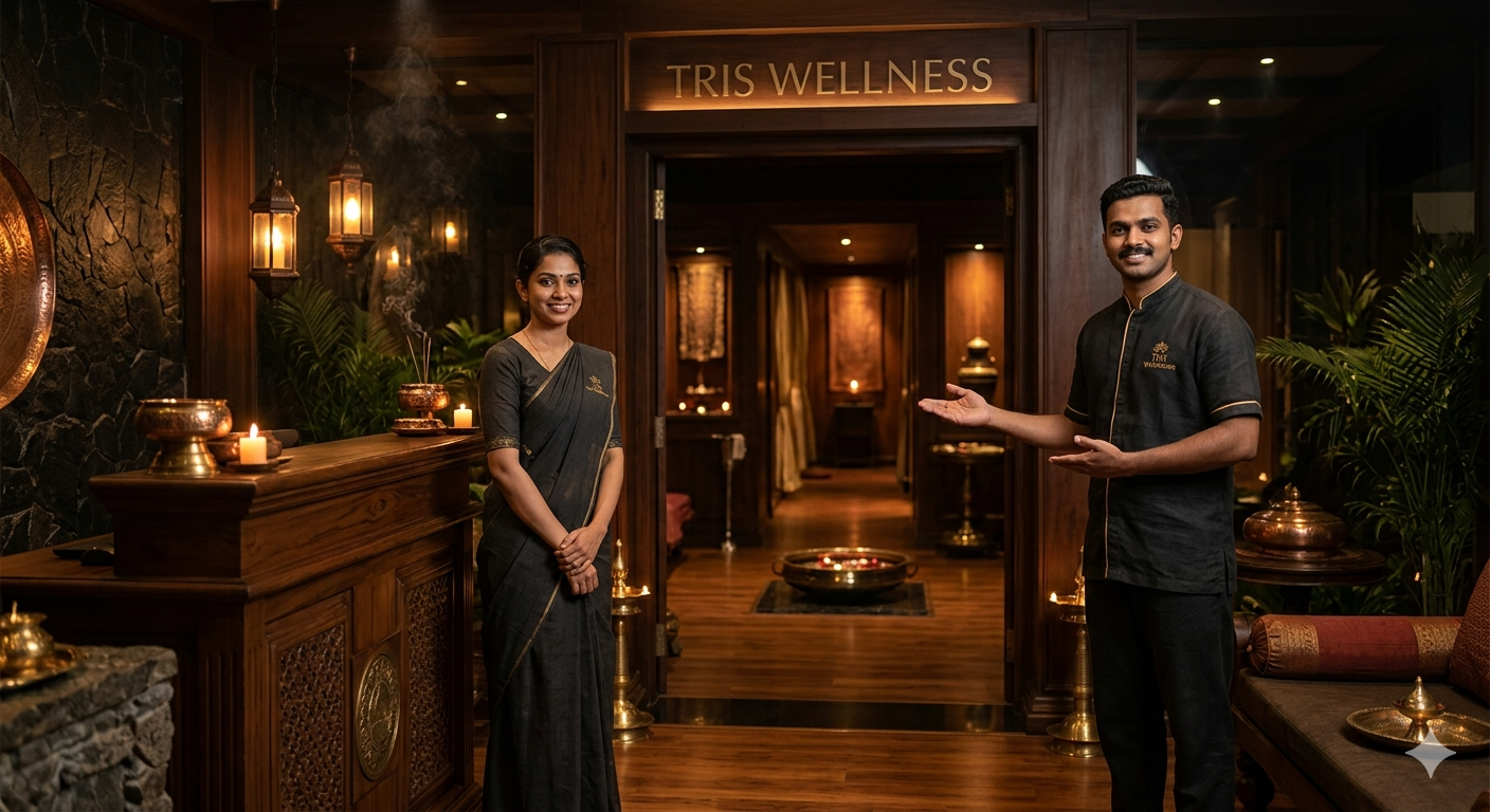 Tris Wellness Spa — Kerala-trained practitioners welcome guests into the sanctuary